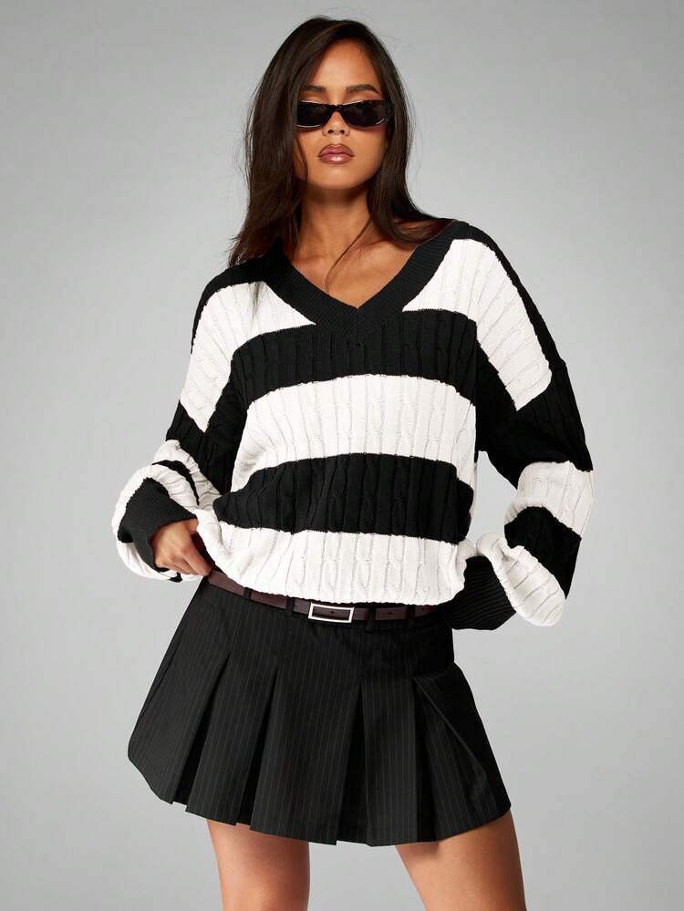 MISSGUIDED Oversized Cable Knit V-Neck Striped Sweater For Fall Winter Casual Pullover | SHEIN