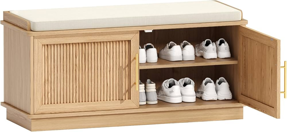 Fluted Shoe Storage Bench with Cushion, 39.4" Entryway Bench with Adjustable Shelves and 2 Doors,... | Amazon (CA)