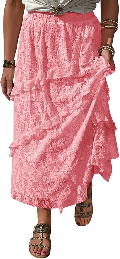 Cicy Bell Womens Lace Ruffle Maxi Skirts Flowy Boho Elastic High Waist Layered Beach Vacation Flo... | Amazon (US)