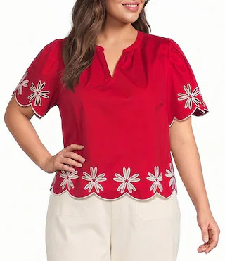 Plus Size Dayna Embroidered Split Neck Short Sleeve Scallop Edge Coordinating Top | Dillard's