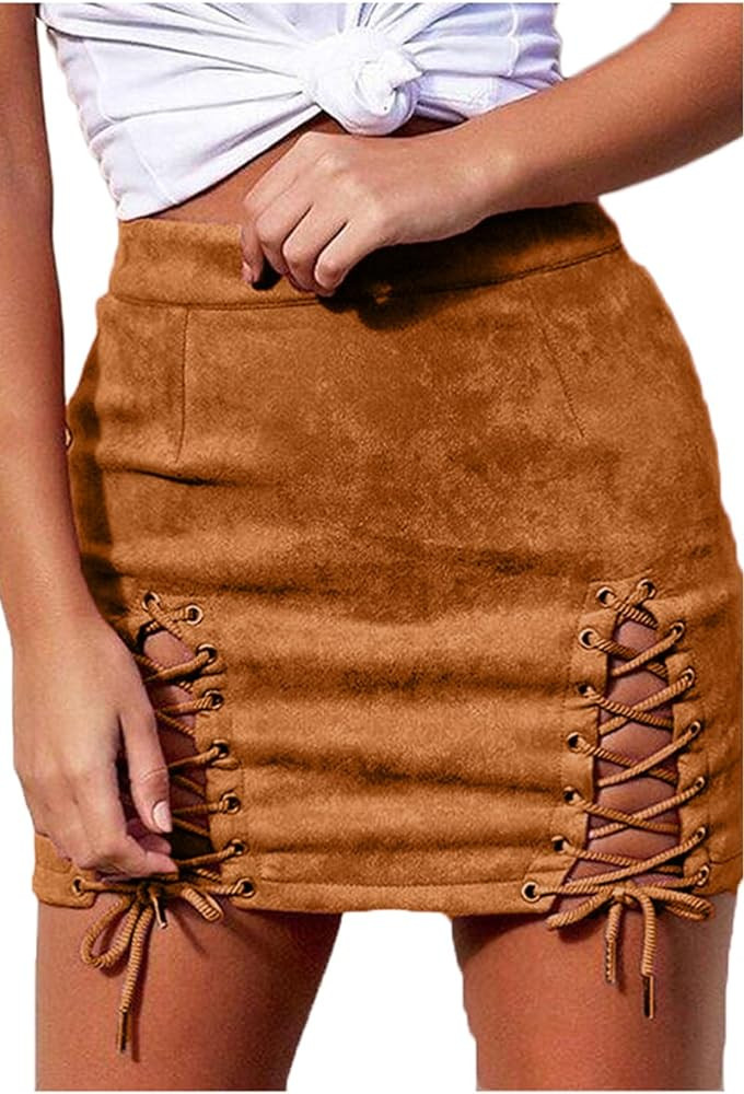 Meyeeka Womens Sexy High Waist Lace Up Bodycon Faux Suede Split Tight Mini Skirt | Amazon (US)