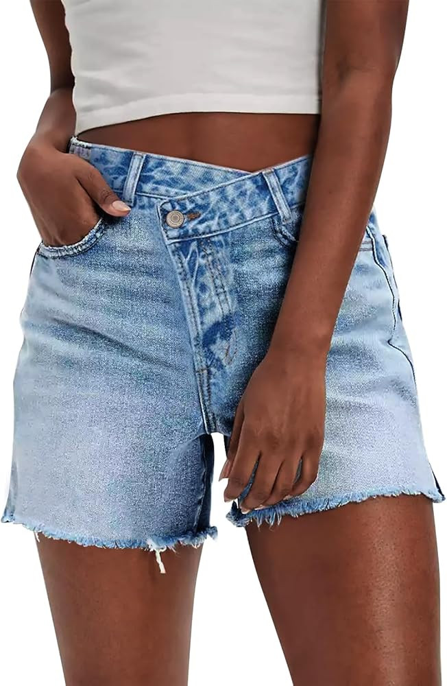 JMITHA Women's High Waisted Denim Shorts Distressed Raw Edge Stretch Denim Jean Shorts | Amazon (US)