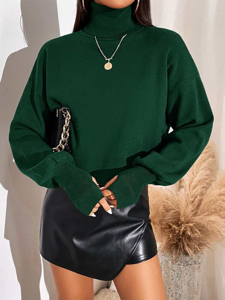 Turtleneck Thumb Hole Drop Shoulder Sweater | SHEIN