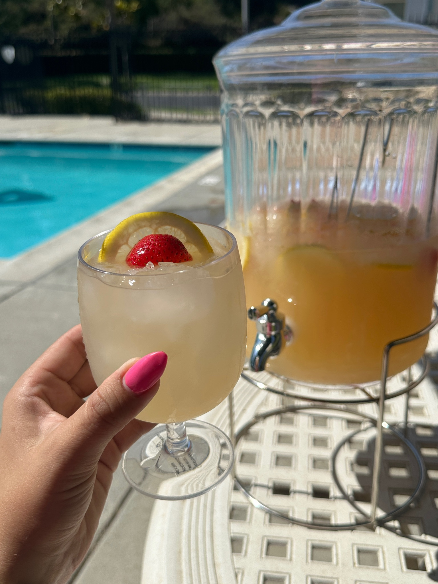 Outdoor acrylic pitcher and stand + plastic short wine glasses are linked!  
