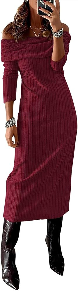PRETTYGARDEN Women's Fall Dresses 2024 Sexy Off Shoulder Long Sleeve Bodycon Ribbed Knit Club Wed... | Amazon (US)