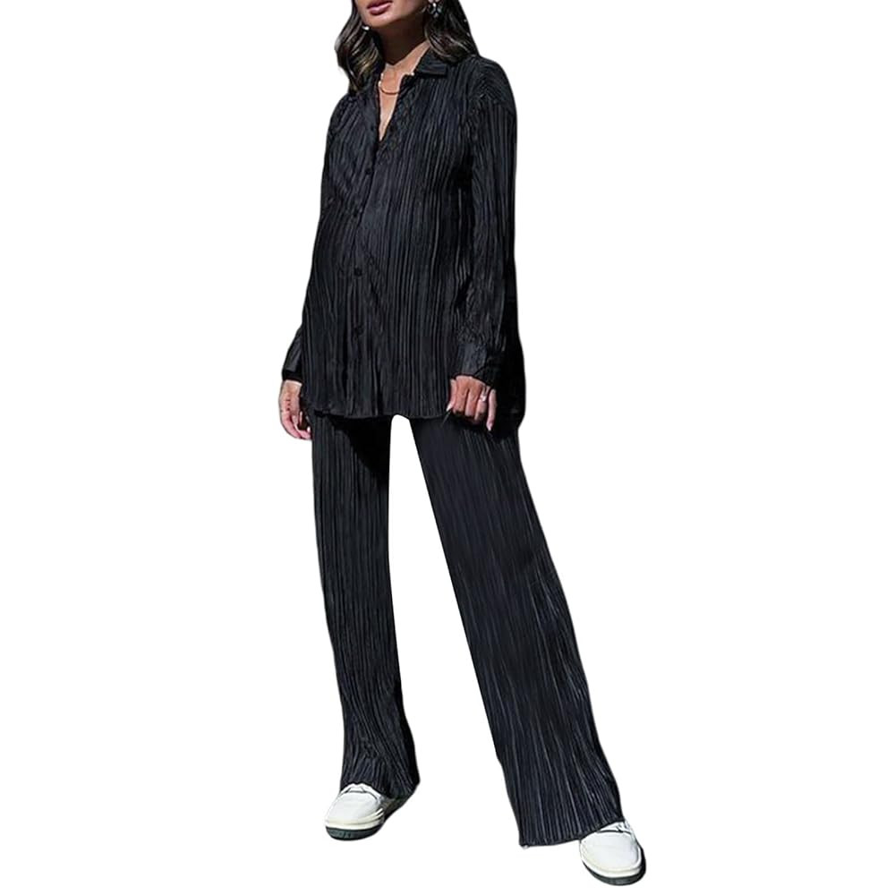 Yassiglia Damen Plissee Zweiteiler Outfit Elegant 2 Teiler Hosenanzug Set Frauen Langarmshirt + H... | Amazon (DE)