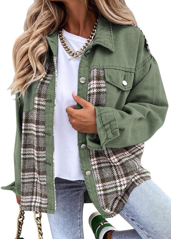 SHEWIN Women's Oversized Denim Jacket Casual Long Sleeve Button Down Plaid Shacket Boyfriend Jean... | Amazon (US)