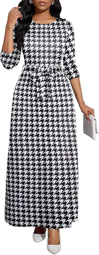 BubFee Long Dress for Women Casual Long Sleeve Dresses Maxi Dress Empire Waist Loose with Belt | Amazon (US)