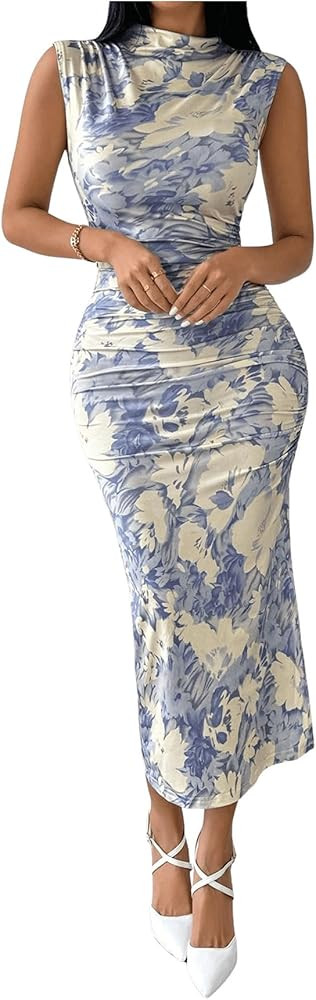 Women's Floral Print Midi Bodycon Dresses Split Thigh Ruched Mock Neck Fitted Tank Dress | Amazon (US)