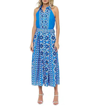 Leena Printed Crepe Halter Collared Neck Sleeveless A-Line Midi Dress | Dillard's