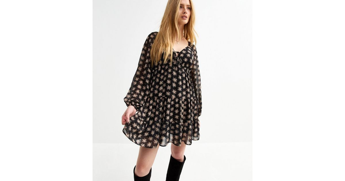 Black Floral Print Chiffon Smock Mini Dress | New Look | New Look (UK)