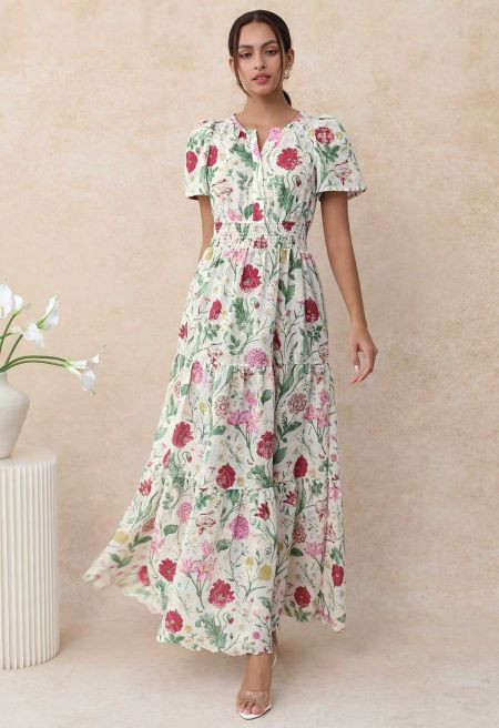 Ebullient Flower Embroidered Frilling Maxi Dress | Chicwish