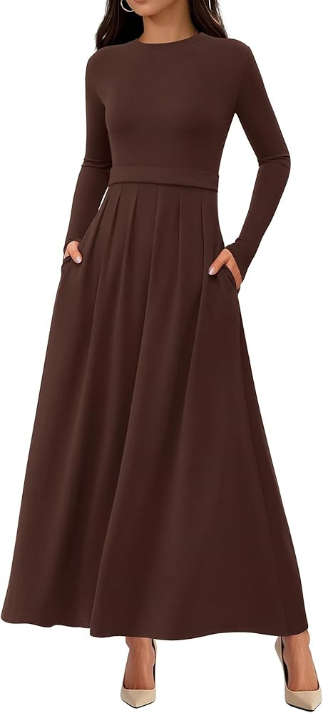 BTFBM Long Sleeve Dress for Women Spring Clothes 2026 Pockets Business Casual Pleated Fall Weddin... | Amazon (US)