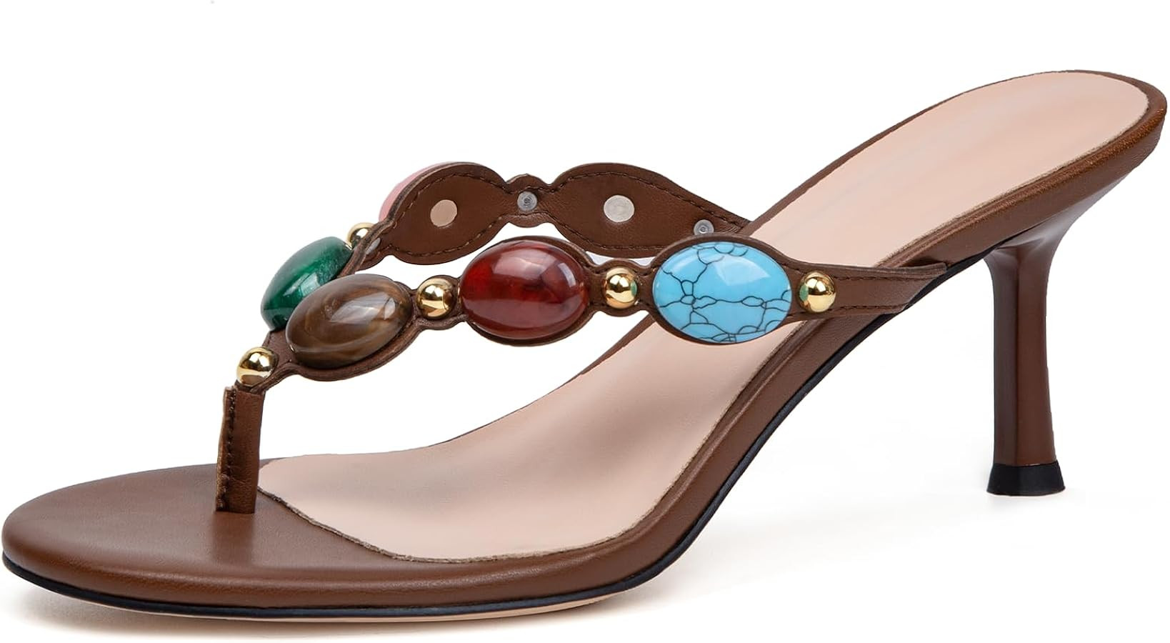 Jeweled Thong Heeld Sandals for Women Kitten Heel Round Open Toe Flip Flops Fashion Summer Beach ... | Amazon (US)