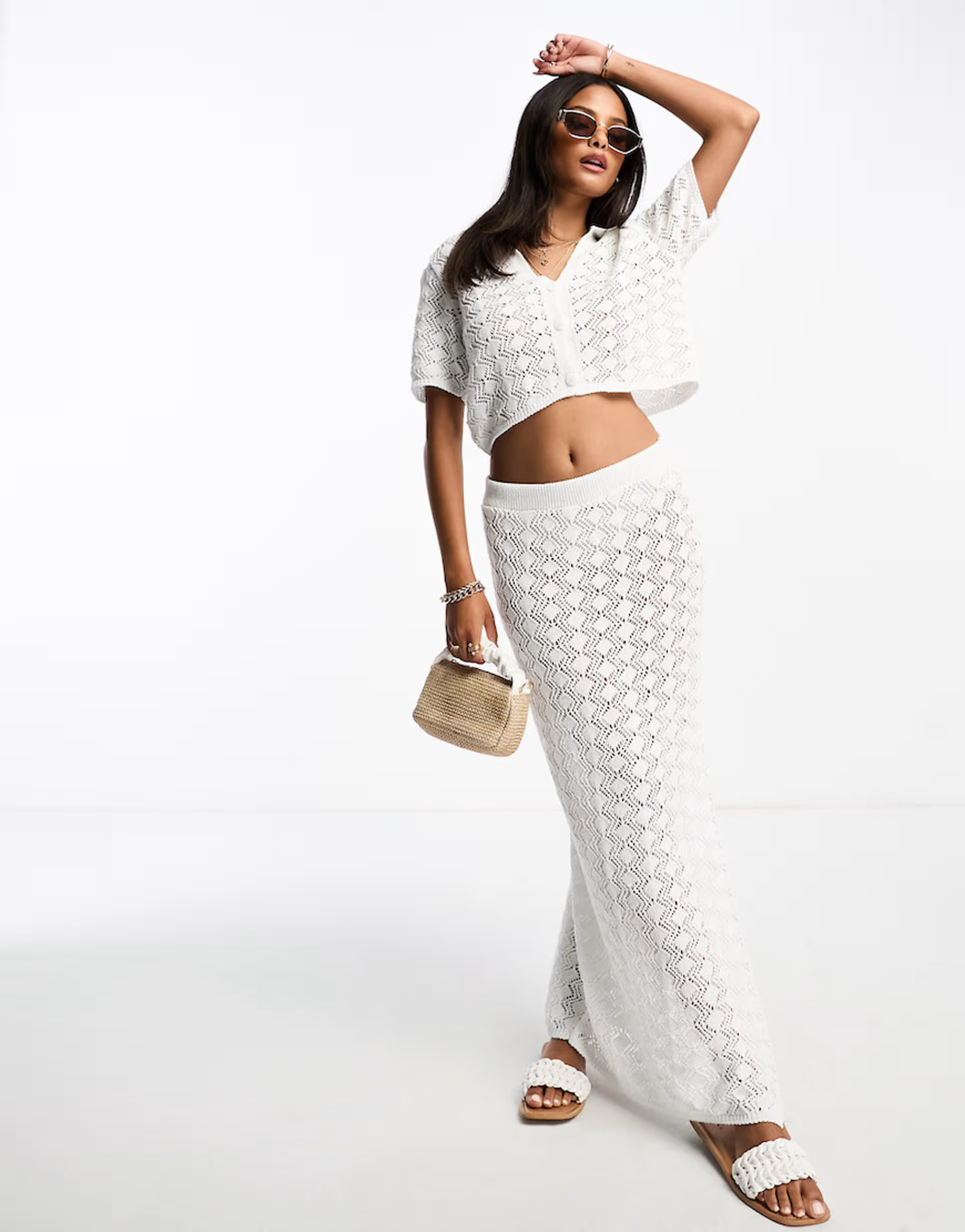 ASOS DESIGN knitted diamond stitch column maxi skirt co-ord in ivory | ASOS (Global)