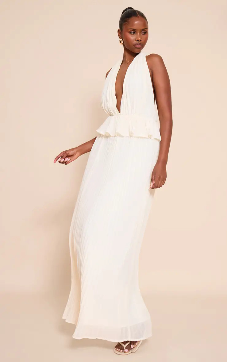 Pale Yellow Plisse Halterneck Frill Detail Maxi Dress | PrettyLittleThing UK