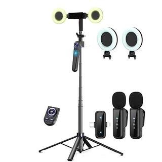 63 in. Black Ring Light with Auto Face Tracking Tripod Wireless Microphones Remote Control Content Creator Kit | The Home Depot