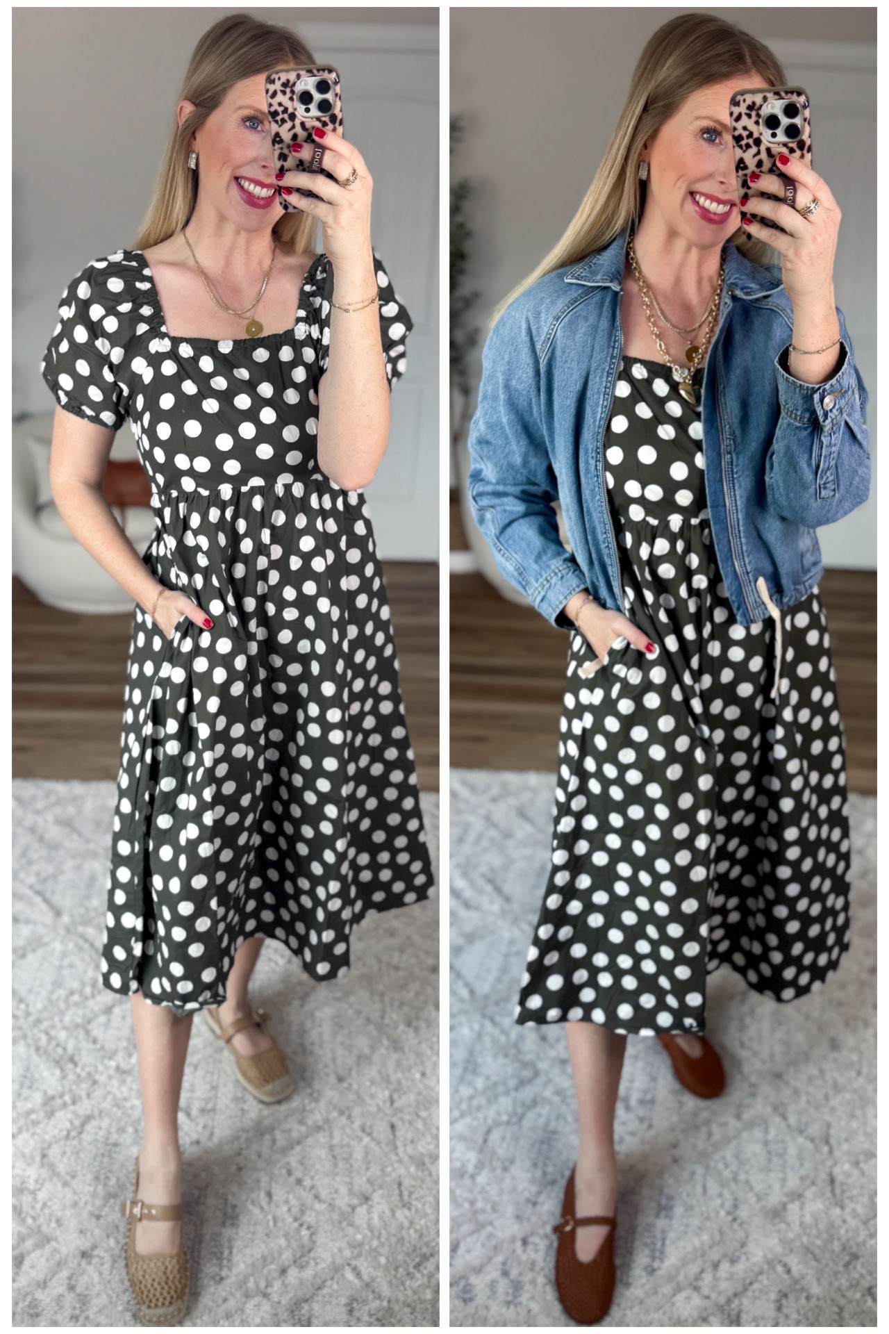 2 ways to style this puff sleeve midi dress with polka dot from Walmart!! 

#LTKootd