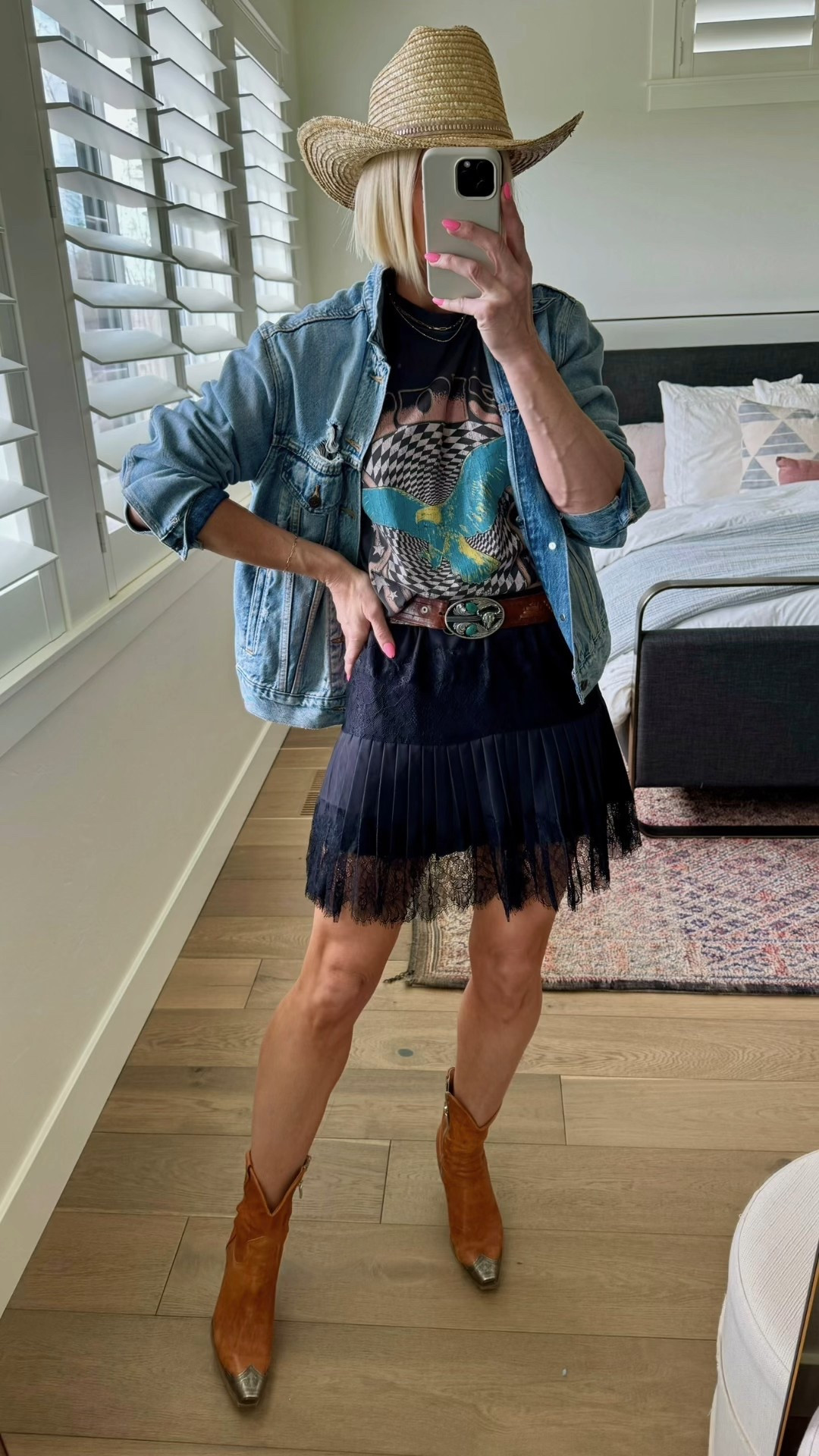 Country concert ready meets summer vacay vibes 🤠✨
From the fringe to the boots, this look is made for two-steppin’ straight into sunset season.
Denim jacket ✔️ Graphic tee ✔️ Lace + leather combo? Always.
Wearing size medium in top + skirt, boots fit TTS!

Shop the full outfit + summer style finds! 
#LTKsummer #LTKConcertLook #CountryChic #WesternStyle #FestivalFashion #LTKunder100

#LTKOver40 #LTKParties #LTKSeasonal