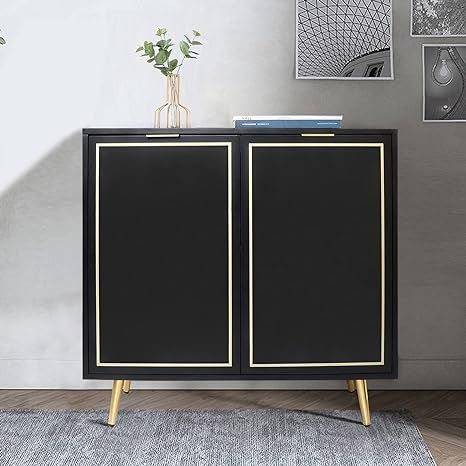 Anmytek Modern Accent 2 Doors Storage Cabinet, Mid Century Buffet Kitchen Sideboard with Golden L... | Amazon (US)