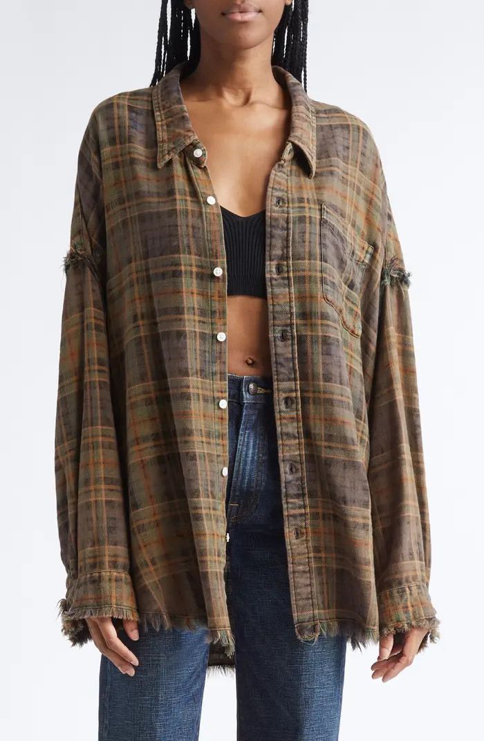 Shredded Seam Drop Neck Plaid Flannel Button-Up Shirt | Nordstrom