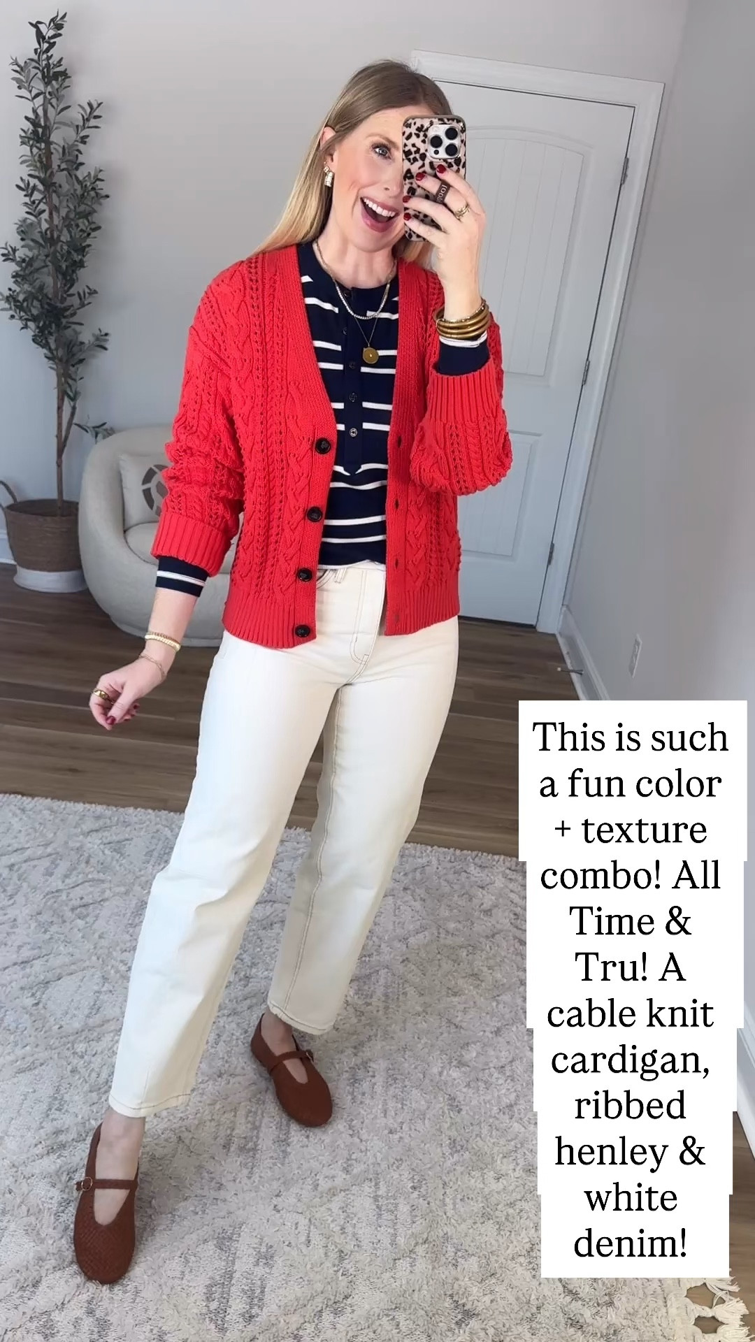 Walmart try on, Walmart fashion, time and tru, cable knit cardigan, striped Henley, white barrel jeans 

#LTKootd