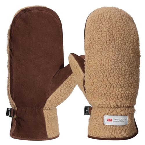 Harssidanzar Women's Sherpa Mitten Genuine Suede Outdoor Mitt Winter For Thermal Lined With Finger Liners SL020US,Camel/Dark Brown,Size M | Amazon (US)