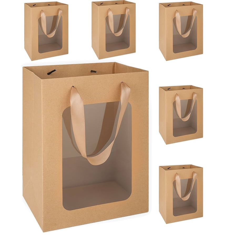 MOXARYSU 6 Pcs Brown Gift Bags with Clear Window: 9.8x5.1x7.1 Inch Medium Kraft Paper Bags with H... | Amazon (US)