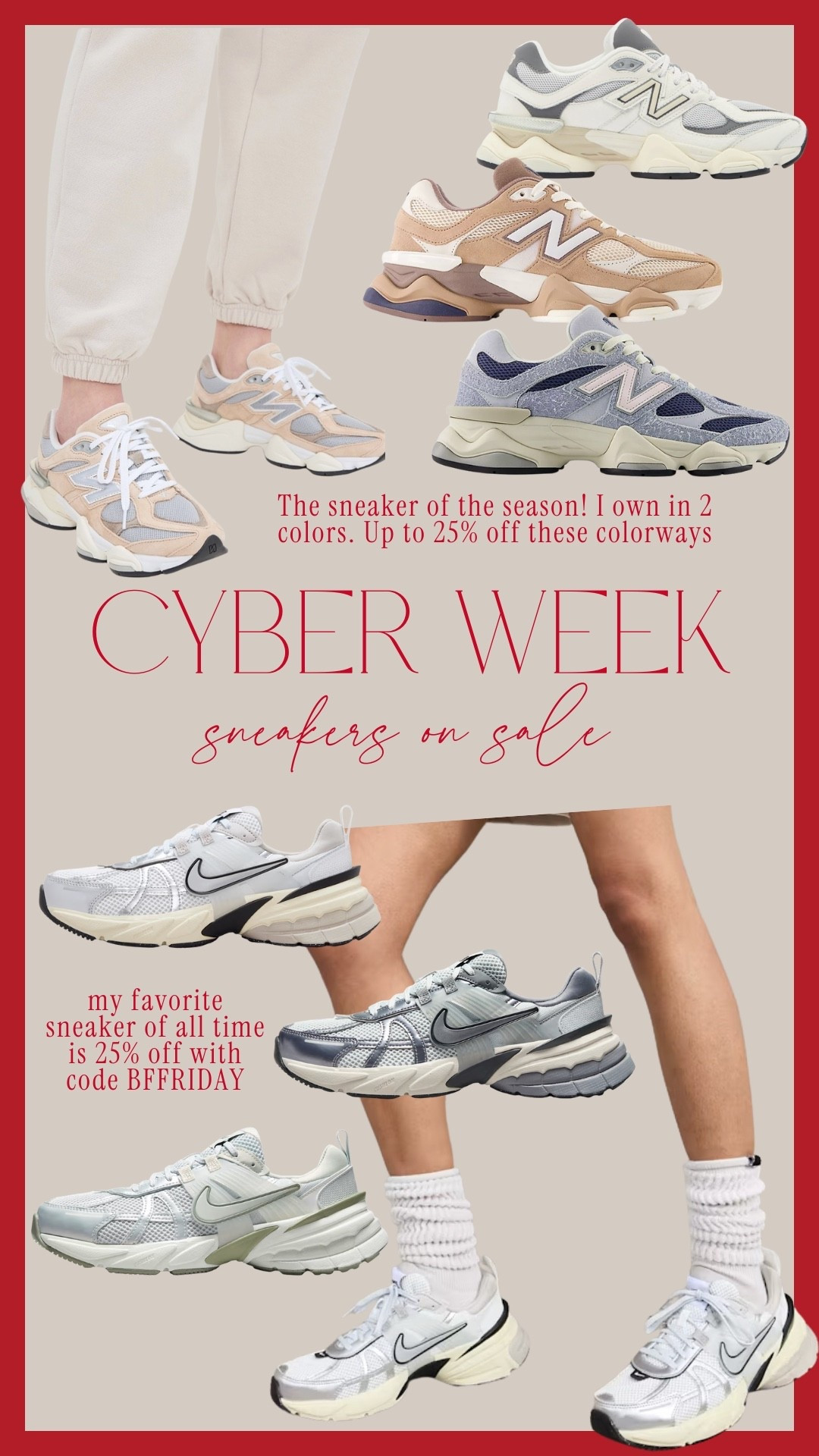 My most worn sneakers are all up to 25% off! I do my true size in the new balances and size up .5 in the Nikes! The Nikes are more of an athleisure sneaker but I workout and do all of the things in my Nikes. Most comfortable sneaker I’ve ever owned. 

#LTKSaleAlert #LTKCyberWeek