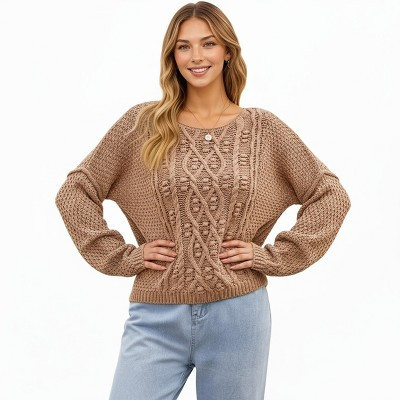 Anna-Kaci Women's Long Sleeve Cable Knit Pullover Sweater with Textured Pattern - Small, Brown | Target