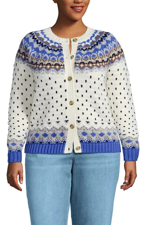 Lands' End Lofty Birdseye Fair Isle Cardigan Sweater in Blue Heritage Fairisle at Nordstrom, Size 1 X | Nordstrom