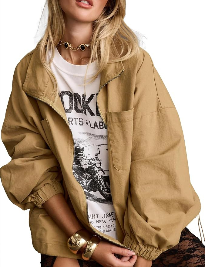 Women's Barn Jacket Loose Drawstring Utility Coat | Oversized Cropped Barn Coat, High Collar, Ful... | Amazon (US)