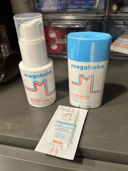 Some of my favorite Megababe products - thigh rescue to prevent leg changing, boob dust to help with boob sweat and cleansing wipes! 

#LTKbeauty