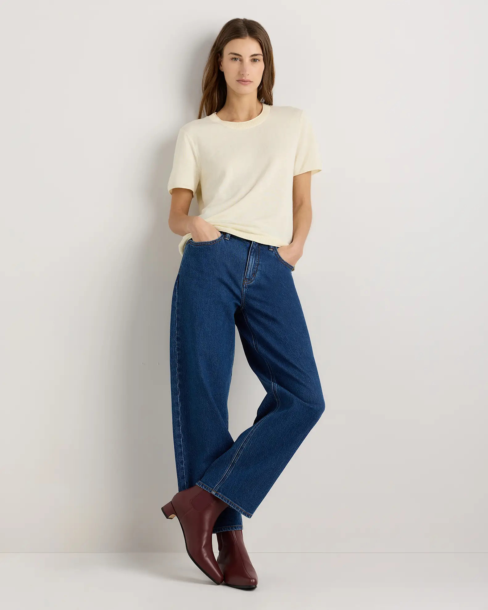Lightweight Cotton Cashmere Relaxed Sweater Tee in Pale Custard Yellow | Quince