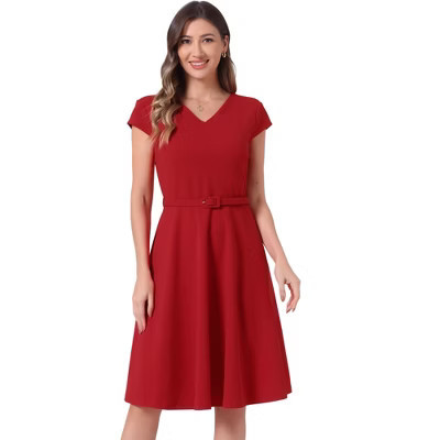 INSPIRE CHIC Women's Belted V Neck Cap Sleeve Flowy A-line Cocktail Dresses Red Small | Target