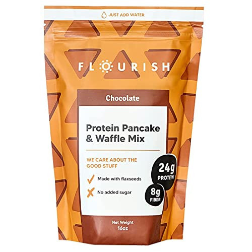 Flourish - Protein Pancake & Waffle Mix, Whey Protein Isolate & Flax Seed, Non-GMO, No Added Sugar, Superfood, High Protein & Fiber, Just Add Water - Chocolate, 16oz | Amazon (US)