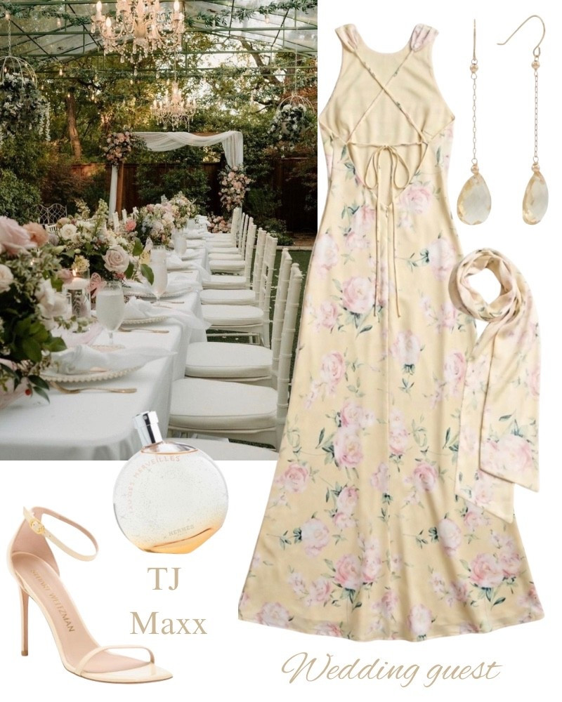 Wedding guest dress, summer outfit, special occasion, TJ Maxx sale, Hermes perfume, yellow, floral, heels, earrings, dressy.

#LTKootd #LTKSaleAlert #LTKWedding