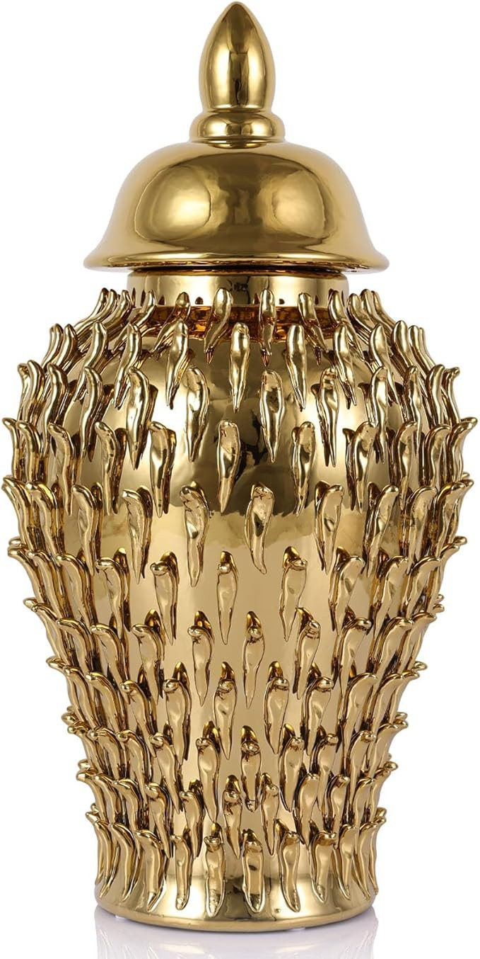 15" Gold Ginger Jar for Home Decor, Luxury Ceramic Vase with Lid, Modern Decorative Container for Living Room, Kitchen, Dining Table, Cabinet, Bookshelf Decor, Large Storage Accent Piece | Amazon (US)