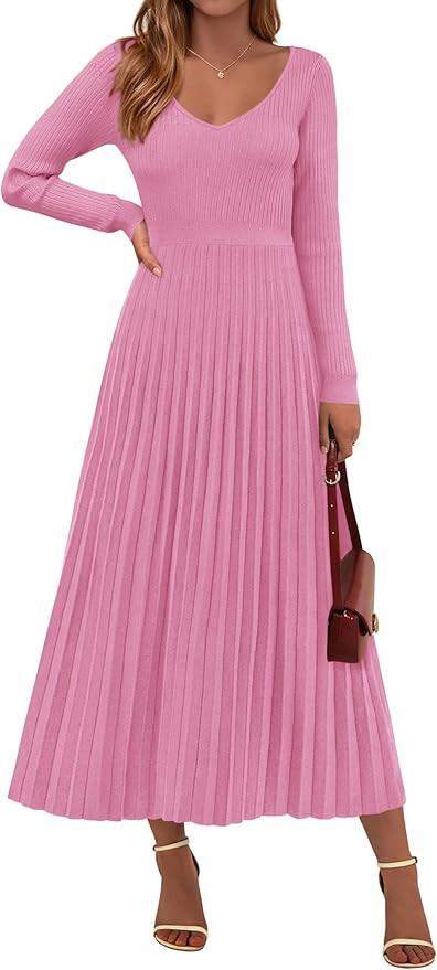 PRETTYGARDEN Women Sweater Dress Fall Fashion 2026 Long Sleeve V Neck Ribbed Knit Pleated A Line ... | Amazon (US)