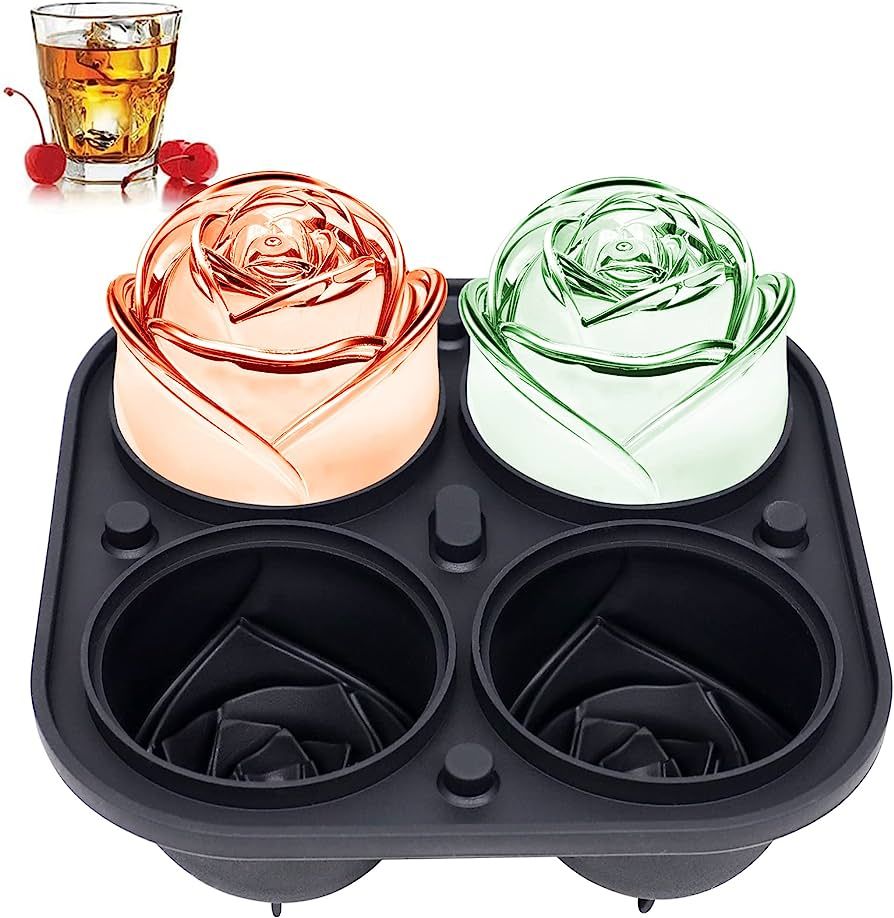 KooMall 3D Rose Ice Molds 2.5 Inch, Large Ice Cube Trays, Make 4 Giant Cute Flower Shape Ice, Sil... | Amazon (US)