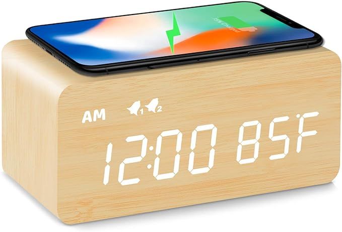 MOSITO Digital Wooden Alarm Clock with Wireless Charging, 0-100% Dimmer, Dual Alarm, Weekday/Weekend | Amazon (US)
