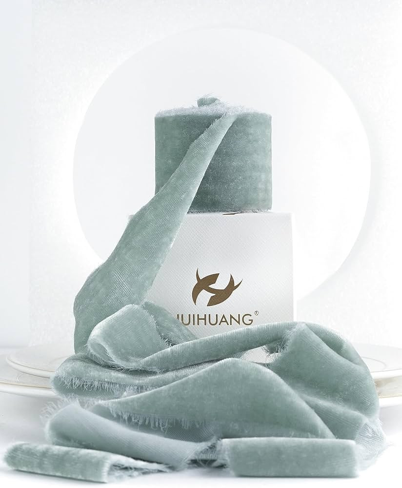 HUIHUANG Dusty Blue Velvet Ribbon 2 inch Handmade Frayed Silk Velvet Ribbon for Flower Bouquet, G... | Amazon (US)