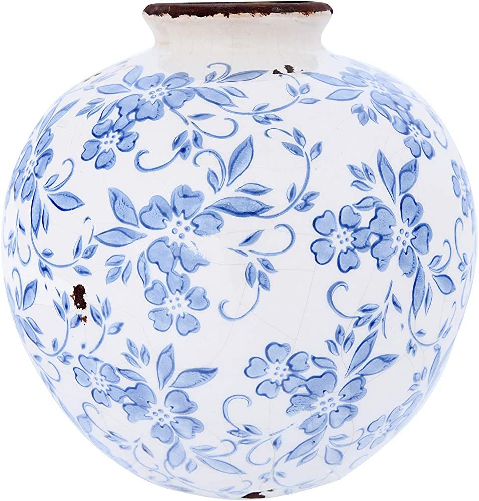 Creative Co-Op DF2720 8" H Terracotta Floral Transferware Pattern & Crackle Finish Vase, Blue | Amazon (US)