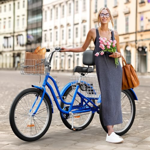 YITAHOME 26 Inch Adult Tricycle, 1 Speed 3 Wheel Bikes, Trike for Adults with Front & Rear Baskets, Cruiser Bike for Seniors Women Men Commute Picnic Outdoor, Blue w/Updated Frame | Amazon (US)