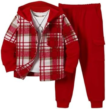 2Pcs Kids Boys Flannel Plaid Shirt Tops Pants Set Hoodie Sweatsuit for Fall Winter Spring Outfits... | Amazon (US)