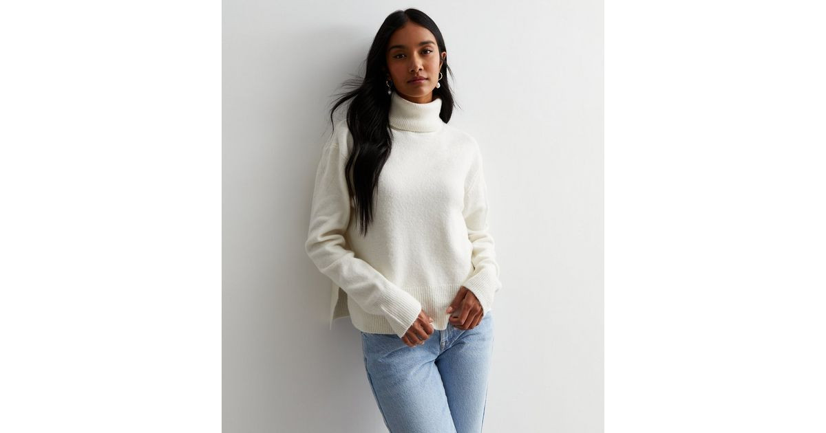 Off White Knit Roll Neck Split Hem Jumper | New Look | New Look (UK)