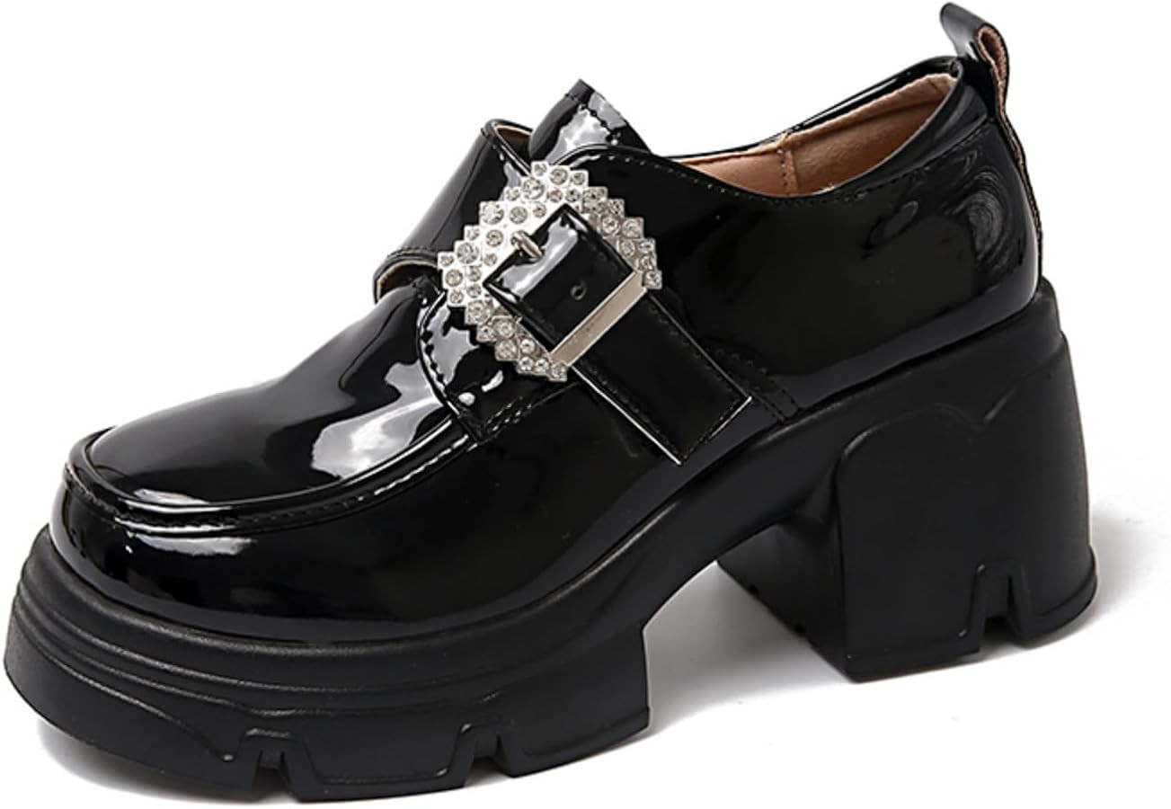 Women's Chunky Heel Platform Loafers with Chain Detail Patent Leather Black Penny Loafers Fashion... | Amazon (US)