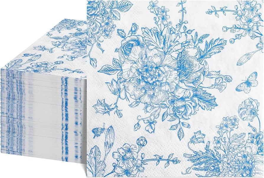 100 Pcs Blue Floral Cocktail Napkins,Blue and White Napkins Vintage Flower Butterfly Design Decou... | Amazon (US)