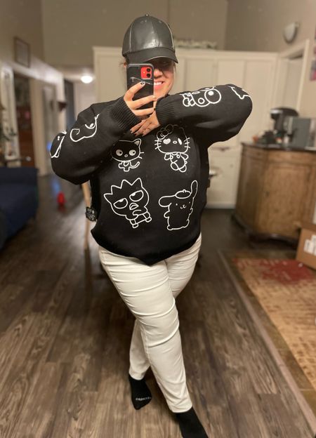 Holiday Party. Faux Leather Baseball Hat from Express is 40% off. Plus Size Hello Kitty & Friends Sweater, an extra 11% off today. ALFANI Women's Tummy-Control Pull-On Skinny Pants from Macy’s. I am wearing a size 16 Short. Available in Long, Regular and Short comes in 6 colors! Only $26 with code: FRIEND