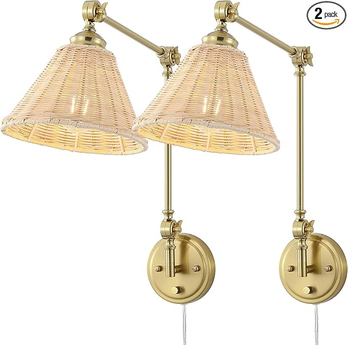 WINGBO Gold Wall Sconce Rattan Wrapped Wall Lamp Set of 2, Adjustable Swing Arm Wall Light Fixtur... | Amazon (US)